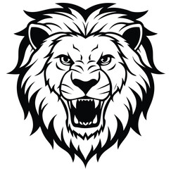 Monochrome Roaring Lion Front Face Design Logo Style Vector Illustration Silhouette on White Background for Tattoo Photo Overlays T-shirt Print Flyer Poster Design