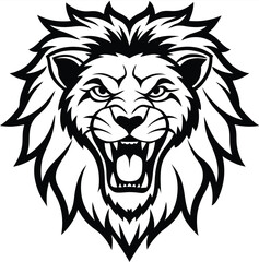 Monochrome Roaring Lion Front Face Design Logo Style Vector Illustration Silhouette on White Background for Tattoo Photo Overlays T-shirt Print Flyer Poster Design