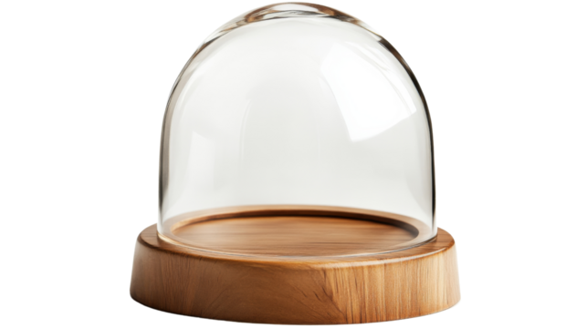 Empty glass dome display case on wooden base with transparent background