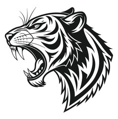 Monochrome Roaring Tiger Side Face Design Logo Style Vector Illustration Silhouette on White Background for Tattoo Photo Overlays T-shirt Print Flyer Poster Design