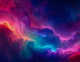 A breathtaking space scene featuring vibrant nebulae, stars and cosmic elements, glowing in shades of red, purple, blue and green.