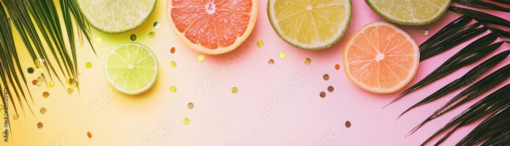 Poster colorful citrus slices and palm fronds on gradient background