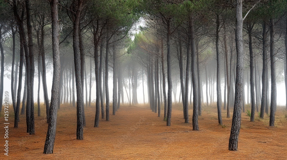 Poster Forest trees are aligned in rows on a foggy day