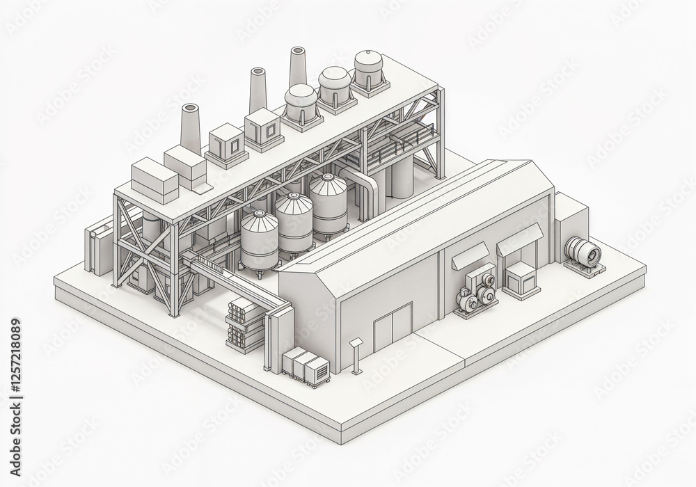 Poster 3d isometric model of industrial building . generative ai . generative ai