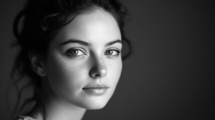 Fototapeta premium Black and White Portrait of a Beautiful Woman with Natural Makeup and Dark Hair
