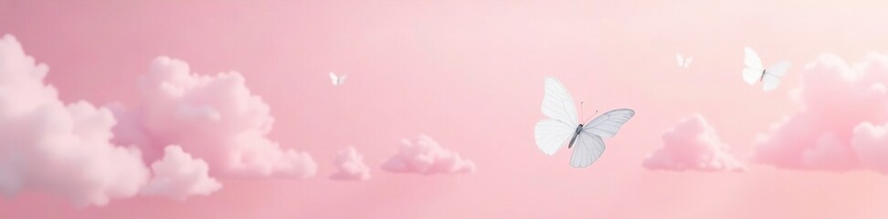 White butterflies in flight against a soft pastel pink background with subtle cloud movement, natural, cloudy sky