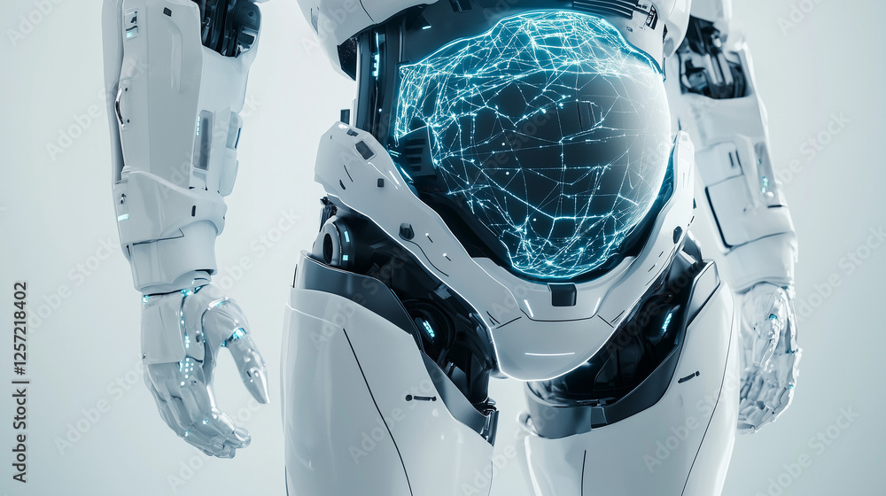 Poster digital anatomy: a close-up of a futuristic robot's torso revealing a glowing, digital network withi