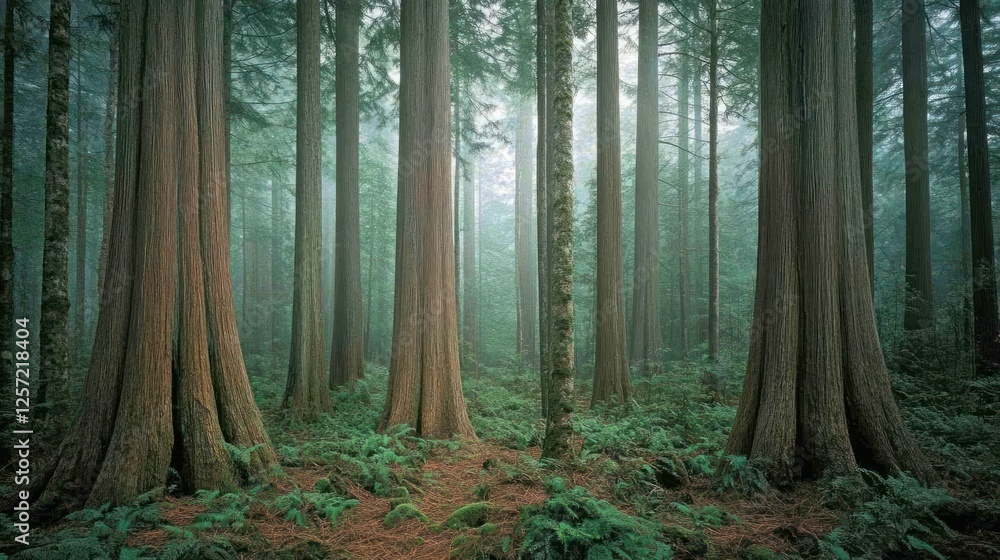 Poster a dense forest with tall trees and ferns beneath
