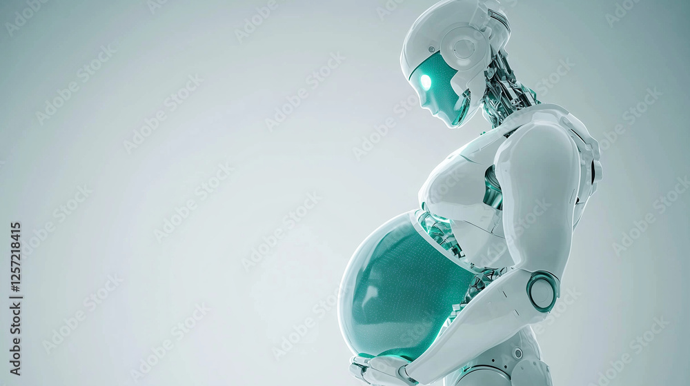 Poster pregnant robot: a futuristic concept depicting a humanoid robot with a glowing teal sphere represent