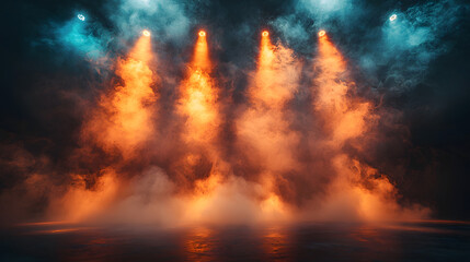 Naklejka premium Ethereal Stage Ambiance: Three beams of vibrant orange and blue spotlights pierce through a swirling curtain of fog, creating a mesmerizing scene of theatrical intrigue.