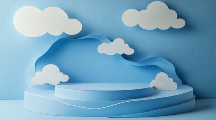 Abstract blue background with podium and white clouds