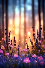 Magical Lavender Field At Sunset In Forest