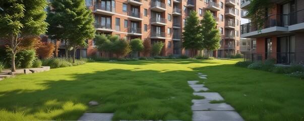 Well-maintained grassy area between apartment buildings, garden ornaments, shrubs, peaceful haven
