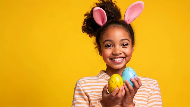 Curly-haired child wearing pink bunny ears, holding colorful easter eggs, excited expression, yellow background, for holiday promotion, horizontal video with copy space