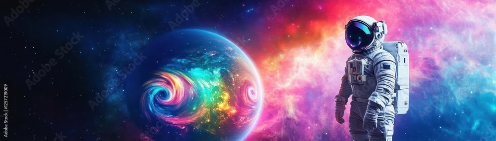 Poster astronaut in space standing before a vibrant colorful nebula background