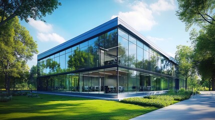 Naklejka premium Modern glass office building, park setting, sunny day, architectural design, real estate