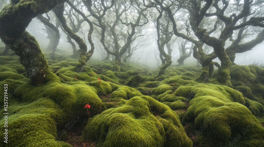 Poster enchanted forest with gnarled trees and mossy ground is visible