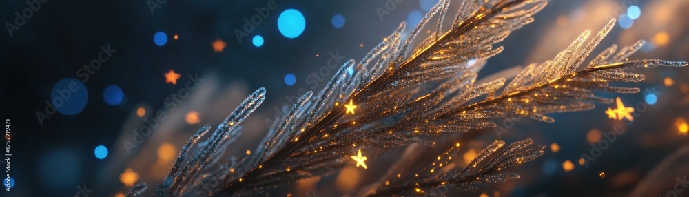 Poster frost covered pine branch with bokeh and star lights