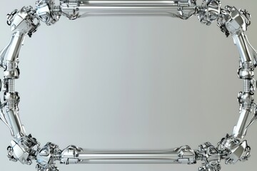 Silver frame bordered by robotic elements, symmetrically floating on a muted backdrop.