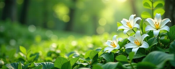 White flowers spilling from a lily of valley bush, leafy, valley