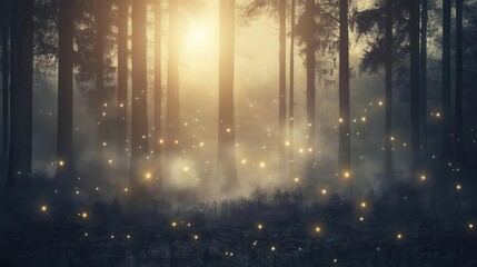 A forest background image showcasing A mystical forest with tall trees, misty air, and glowing fireflies creating an ethereal atmosphere