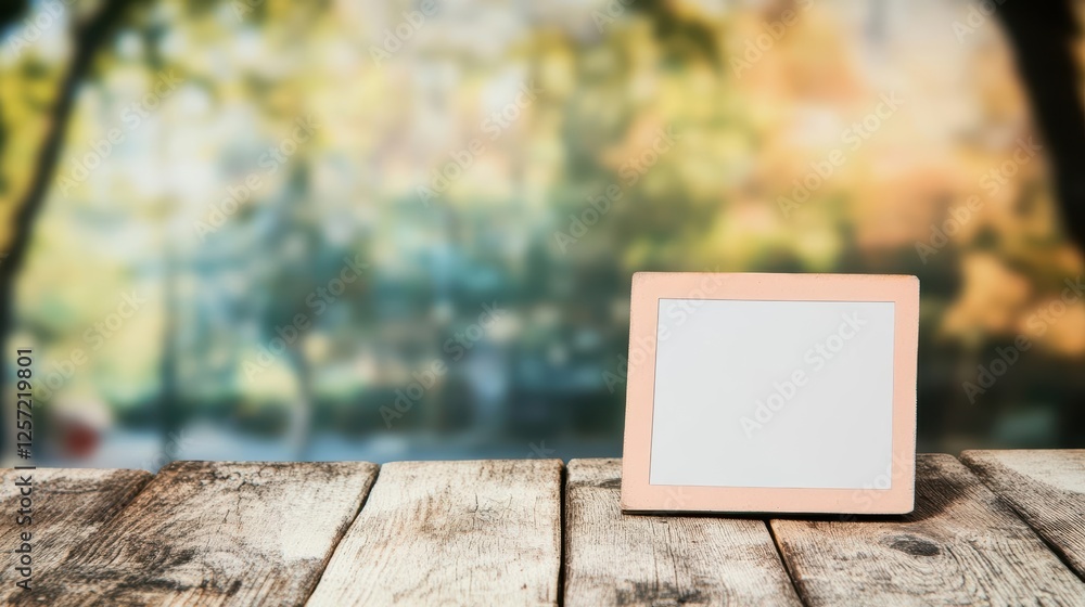 Poster blank white paper sheet placed on a rustic wooden table background for creative design and writing