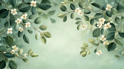 Floral branches with leaves and flowers on light green background