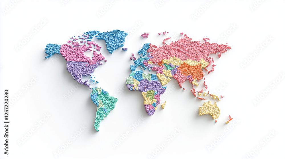 Poster pastel world map: a textured, pastel-colored world map in a 3d style, offering a unique and artistic