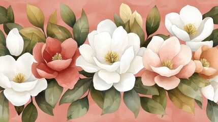 Fototapeta premium Pastel Floral Border With Magnolia Blossoms