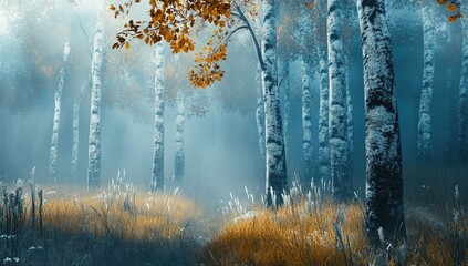 Misty Birch Forest: Autumn Leaves in Serene Landscape, Golden Grass and Tranquil Atmosphere, Mystical Dawn Light