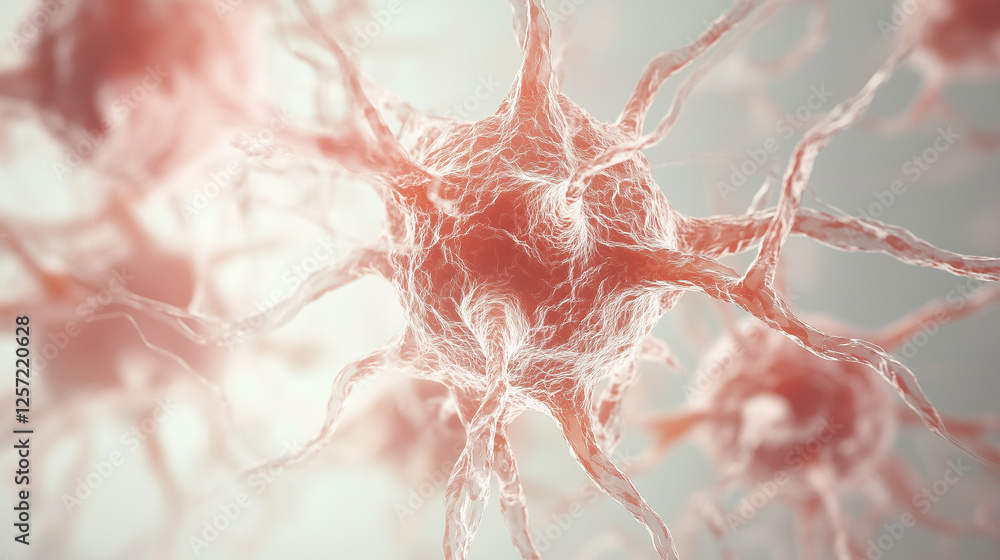 Poster microscopic view of neuron: intricate details of a neuron cell, showcasing its complex network of de