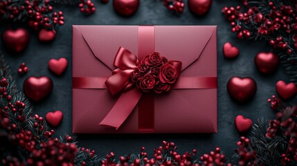 Mockup A Beautiful Red Gift Box Adorned with a Fresh Rose Surrounded by Charming Red Hearts Creating a Romantic and Joyful Atmosphere of Love and Celebration Valentine"s Day