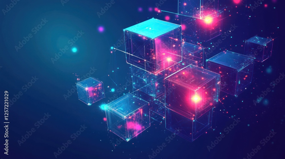Poster Floating transparent cubes connected with glowing lines and particles