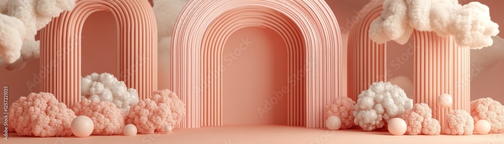 Poster artistic rendering featuring peach arches fluffy clouds and abstract shapes