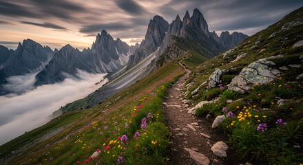 A rugged mountain trail leading to a breathtaking vista ,A rugged mountain trail leading to a breathtaking vista, with jagged peaks, wildflowers, and a dramatic sky filled with swirling clouds, ideal 