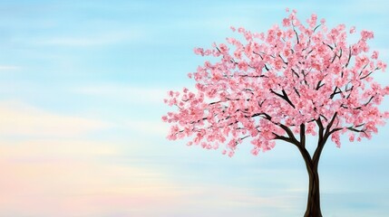 Fototapeta premium Pink Cherry Blossom Tree Against Pastel Sky