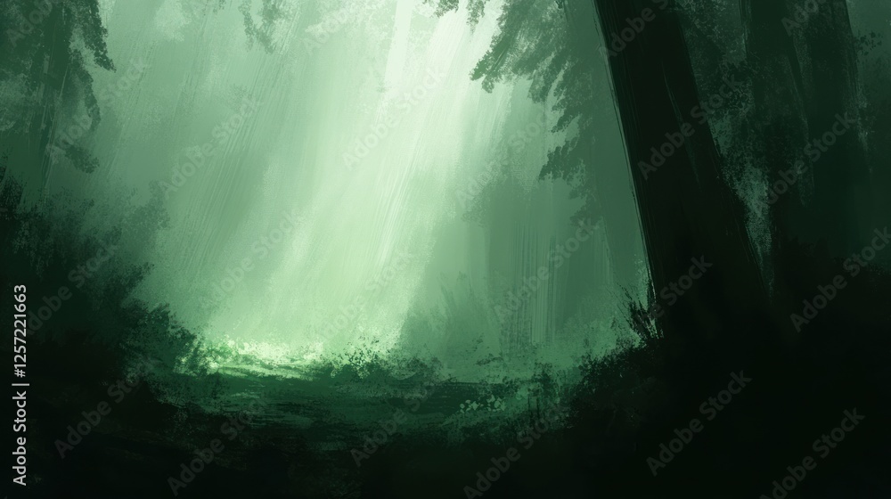 Poster light filters through trees creating an ethereal forest scene