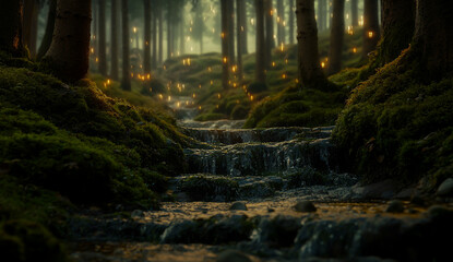 A quiet forest stream is lined with luscious moss, ethereal shimmering light filtering through the distant trees.
