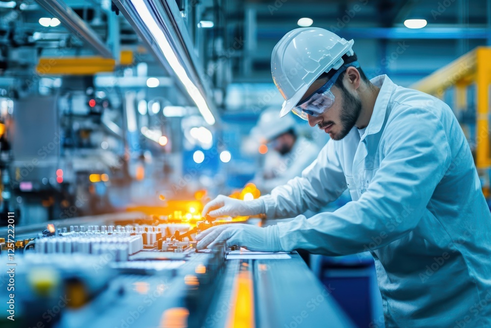 Poster man working in factory on metal fabrication and manufacturing process