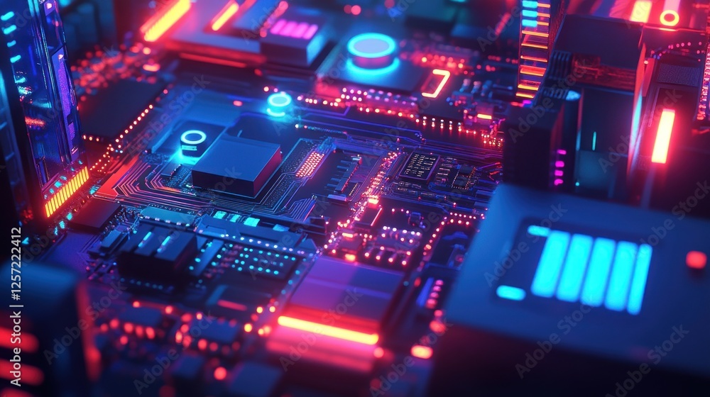 Poster Illuminated computer motherboard showcases intricate electronic design and architecture