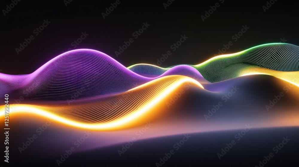 Poster luminous abstract landscape with wavy striped and colorful terrain