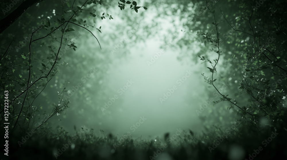 Poster enchanted forest path: a mystical path winds through a dense, fog-shrouded forest, hinting at secret