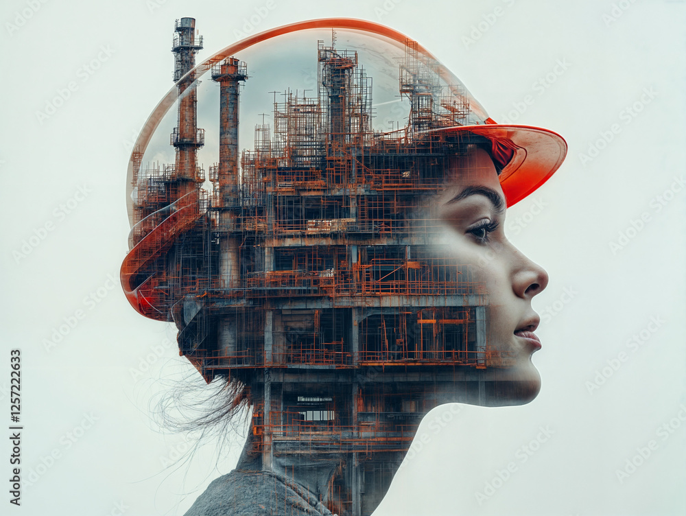 Poster surreal portrait of a builder double exposure with construction site . generative ai