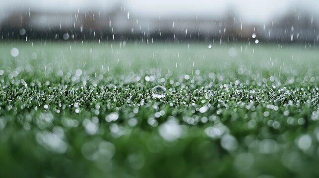 Rain drops on artificial turf field, blurred background