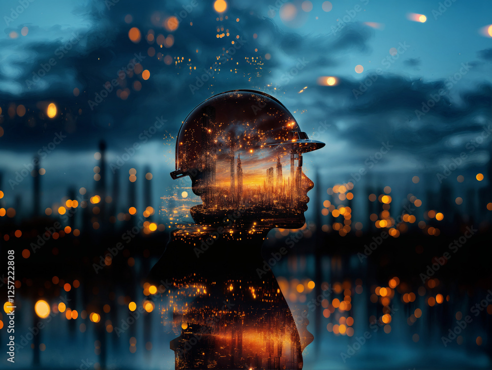 Poster surreal portrait of a builder double exposure with construction site . generative ai