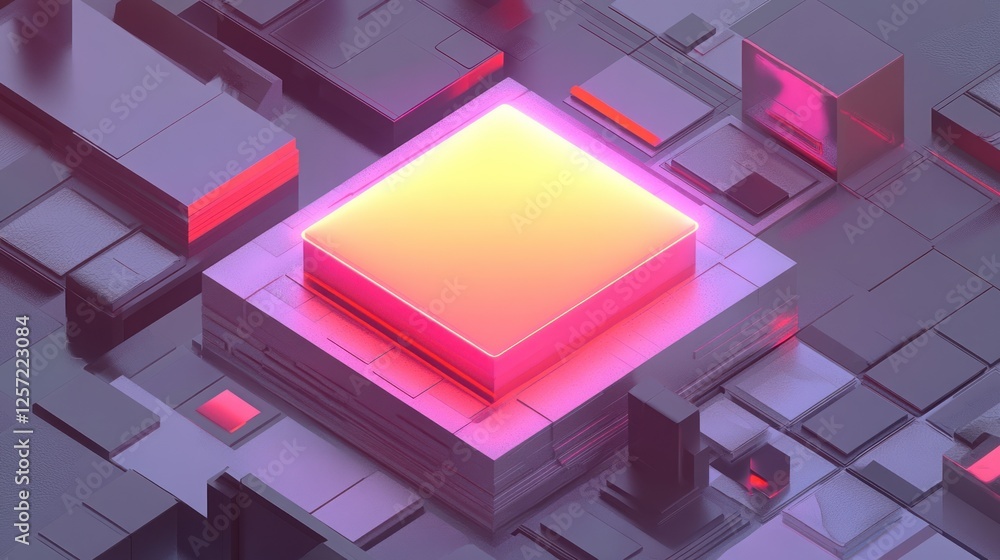 Poster Glowing computer chip rests on layers of modern hardware