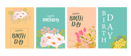 Colorful floral happy birthday greeting card set with blossoms.