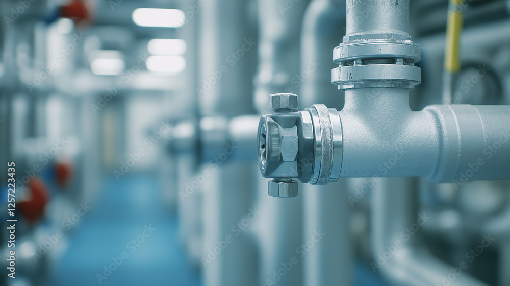 Poster industrial piping system: close-up view of a complex network of gleaming metallic pipes and valves w