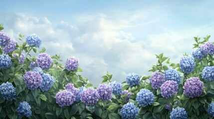 Hydrangea blossoms in shades of blue and purple against sky