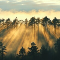 Fototapeta premium Golden sun rays shine through the trees and fog